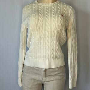 Cozy designer Lilly Pulitzer Ivory Cable Knit Sweater Pink Palm Tree Cotton  Sm